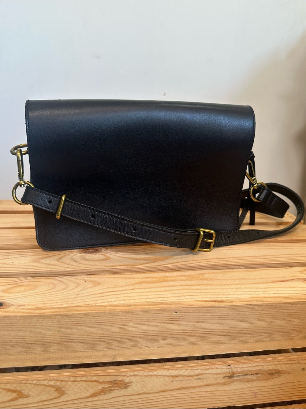 Madewell Black Leather Crossbody with Brass-Tone Hardware